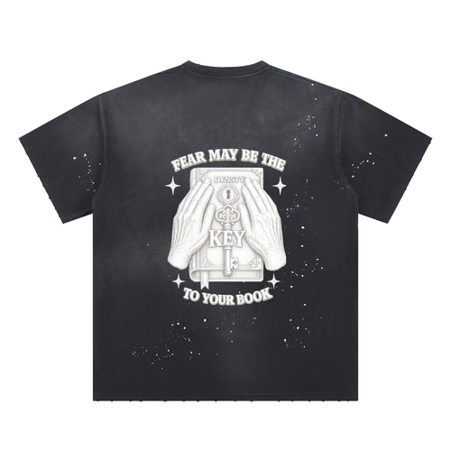 Hand-Frayed Sunfade Paint Splatter T-Shirt "Fear May Be The Key"